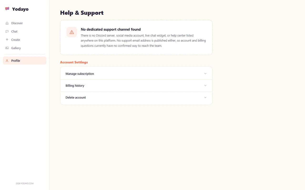 Yodayo help and support page showing no dedicated support channel found Yodayo help and support page showing no dedicated support channel found