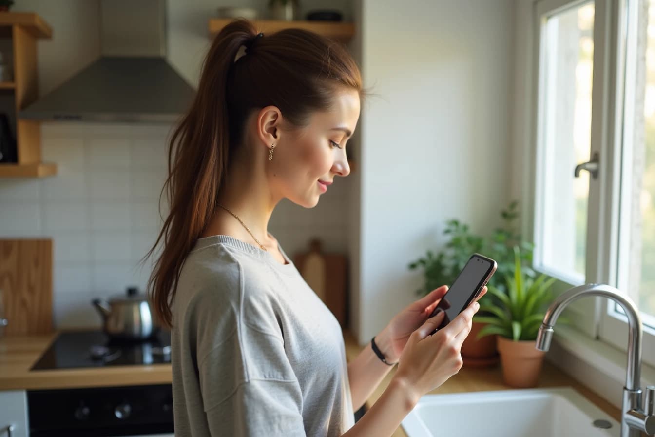 Woman standing at a kitchen counter adjusting settings on her smartphone Woman standing at a kitchen counter adjusting settings on her smartphone
