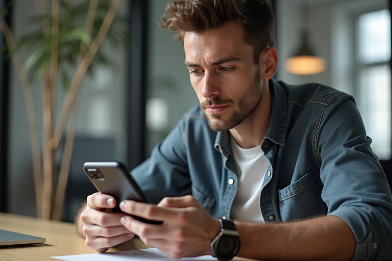 Man at a desk looking carefully at a smartphone signup screen with a birthdate selector Man at a desk looking carefully at a smartphone signup screen with a birthdate selector