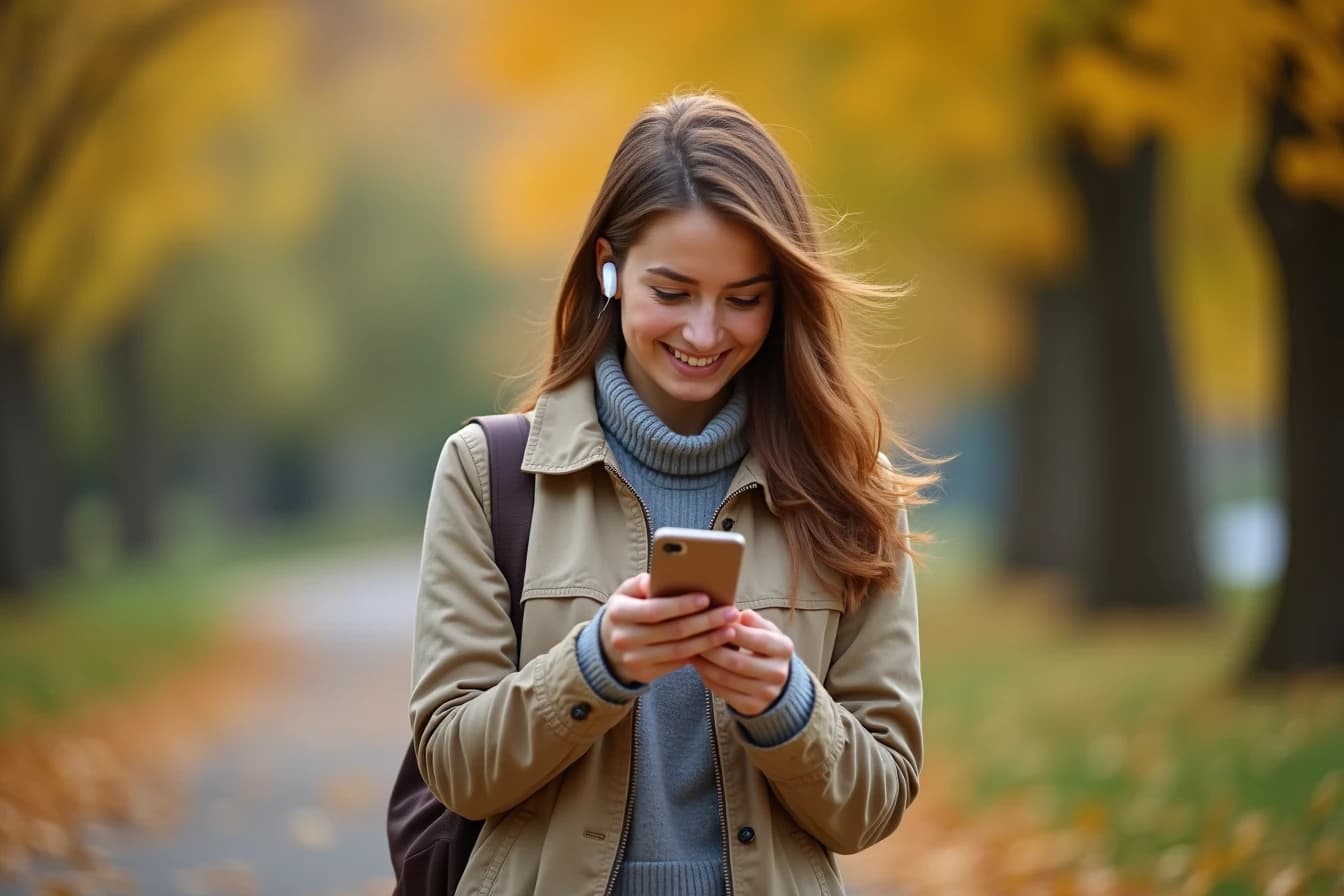Woman walking through a park looking at her smartphone with a soft smile Woman walking through a park looking at her smartphone with a soft smile