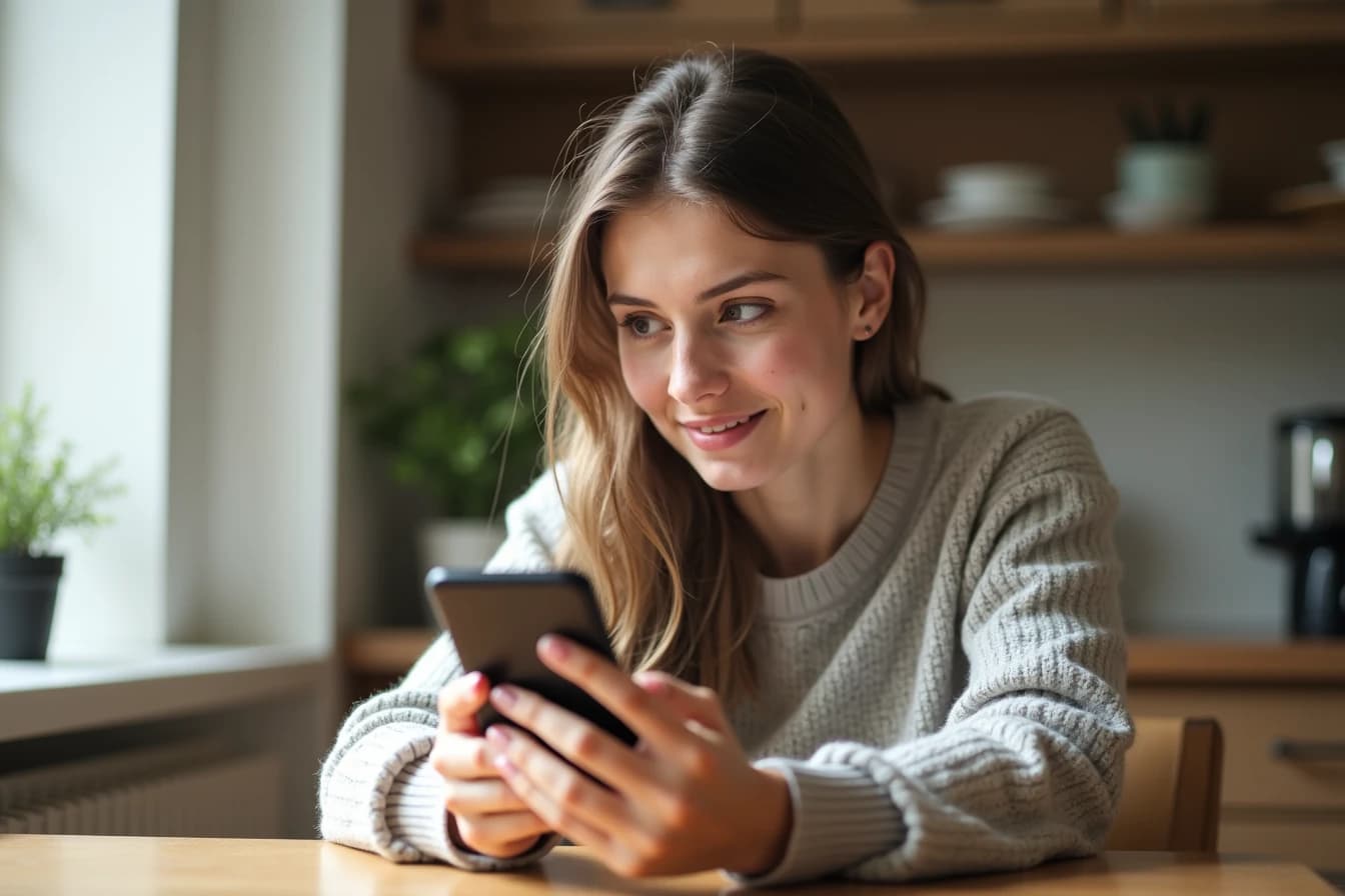 Woman sitting at a kitchen table looking closely at photos on her smartphone screen Woman sitting at a kitchen table looking closely at photos on her smartphone screen