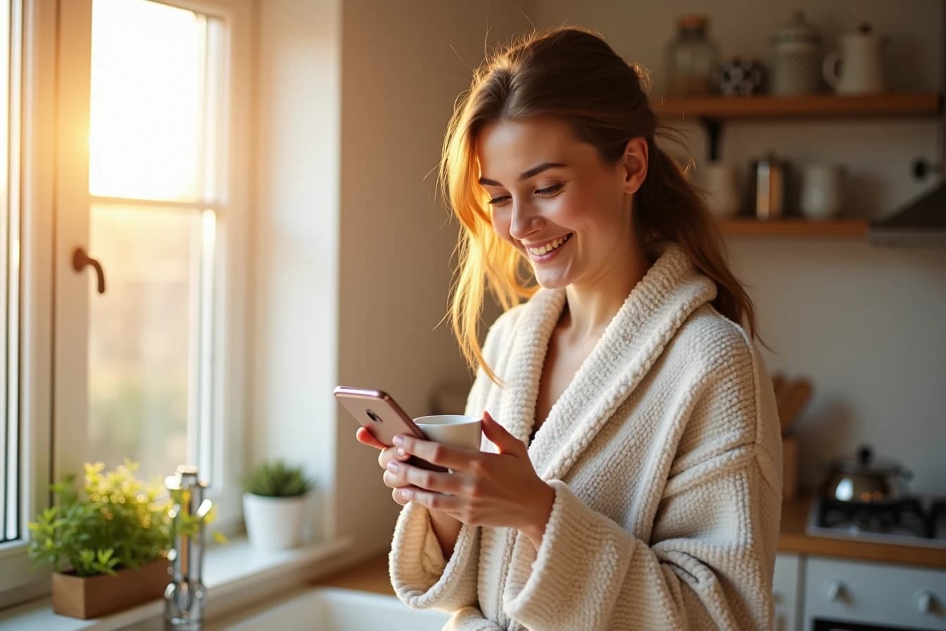Woman smiling at her phone while holding a coffee mug in her kitchen Woman smiling at her phone while holding a coffee mug in her kitchen