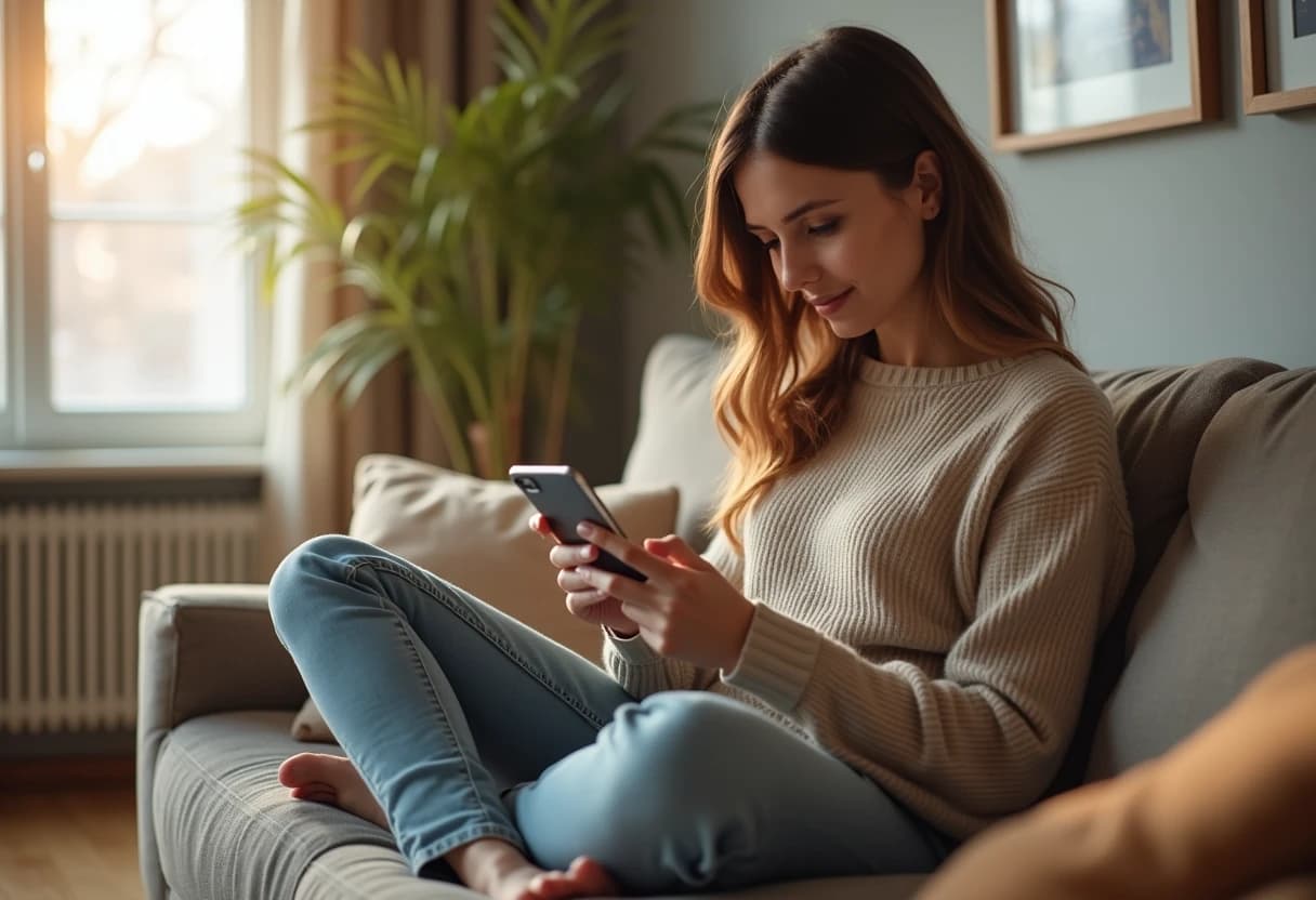 Woman sitting on a sofa smiling while browsing an app on her smartphone Woman sitting on a sofa smiling while browsing an app on her smartphone