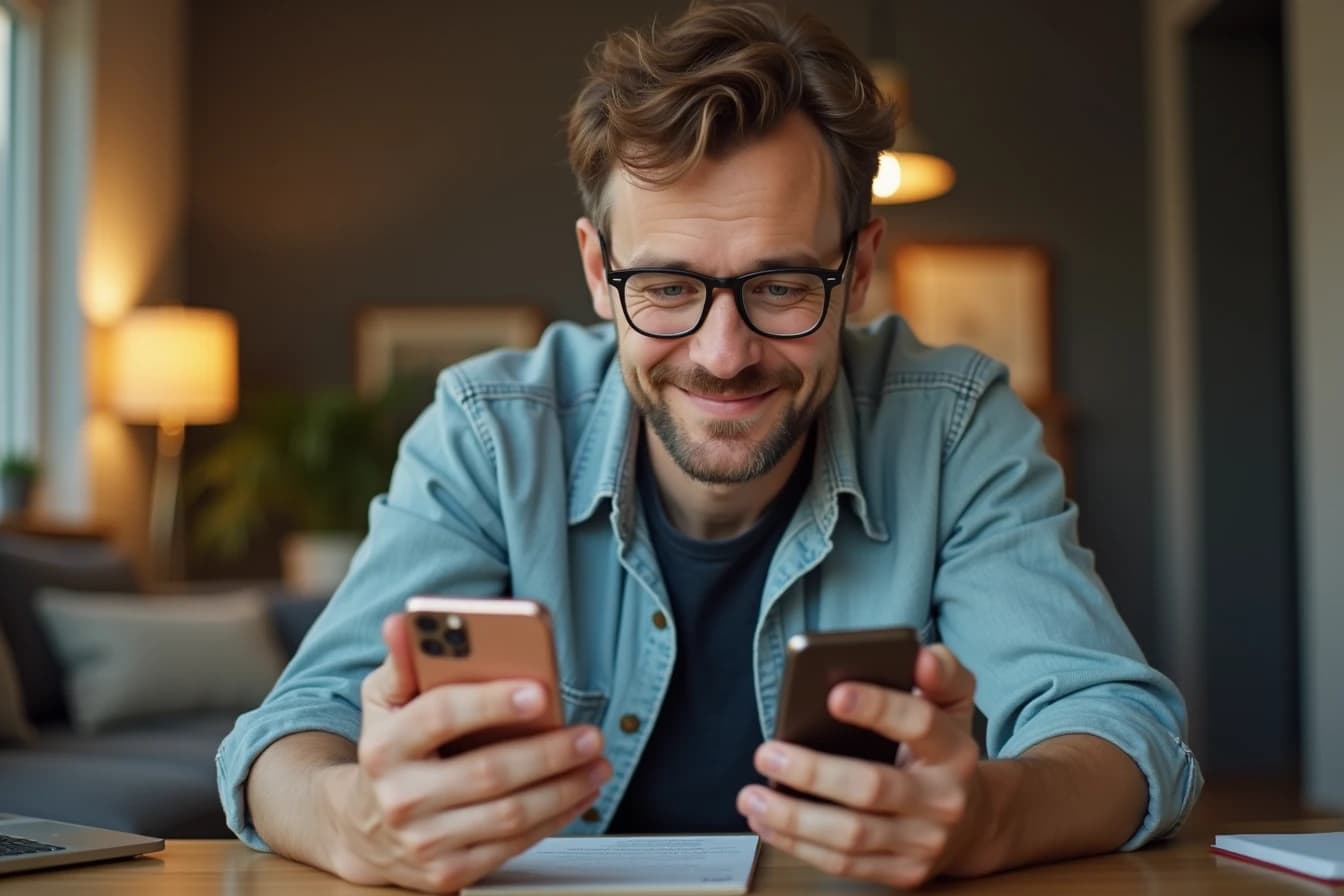 Man comparing an older smartphone and a newer smartphone at his desk Man comparing an older smartphone and a newer smartphone at his desk