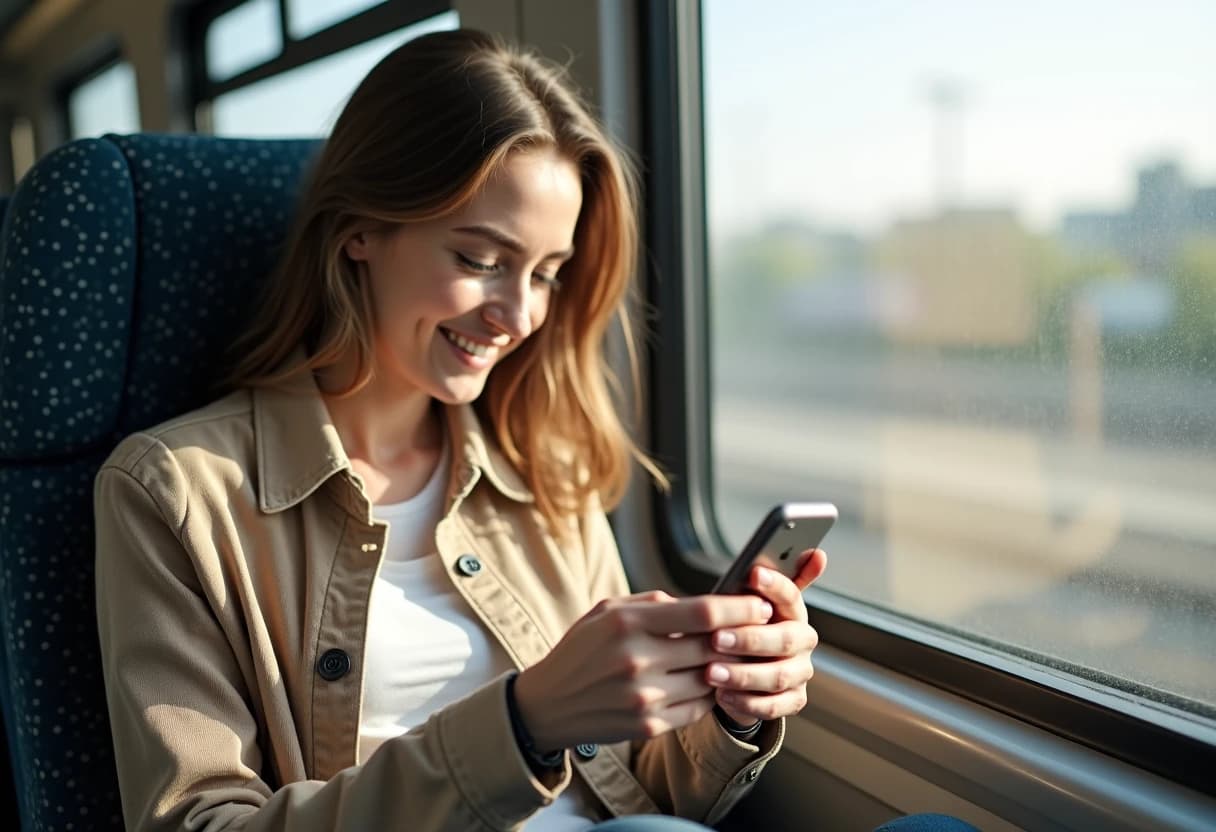 Woman using her phone while commuting on public transportation Woman using her phone while commuting on public transportation
