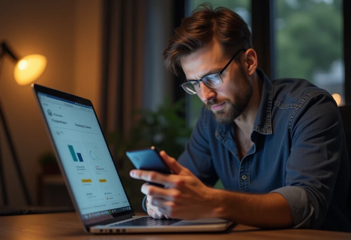 Man reviewing an app interface on his smartphone while sitting at a home desk Man reviewing an app interface on his smartphone while sitting at a home desk