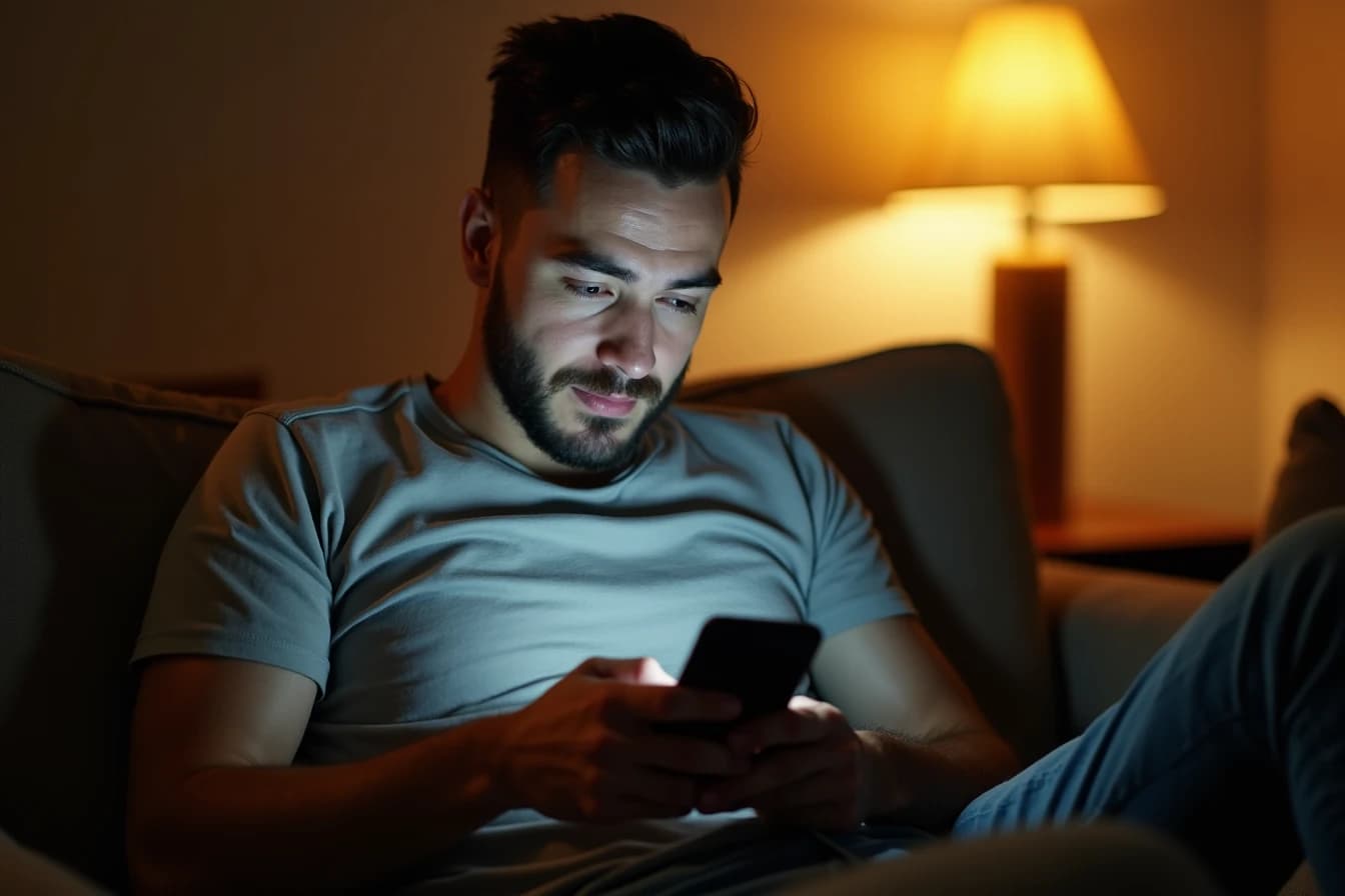 Man on a couch exploring an app on his smartphone in the evening Man on a couch exploring an app on his smartphone in the evening