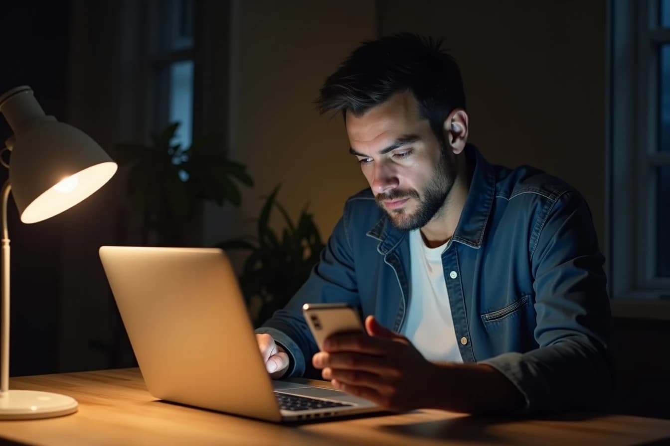 Man comparing a laptop screen and a smartphone screen at his desk at night