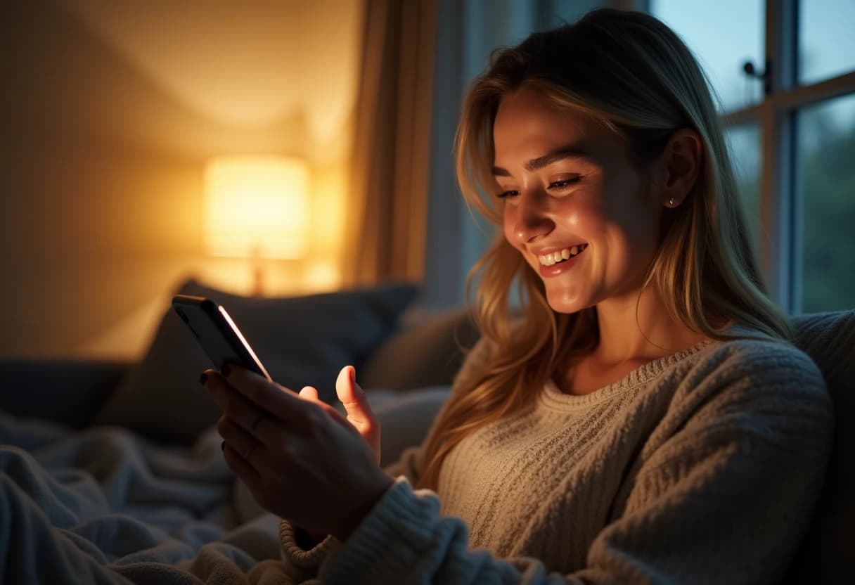 Woman smiling while texting on her phone on the couch in the evening Woman smiling while texting on her phone on the couch in the evening
