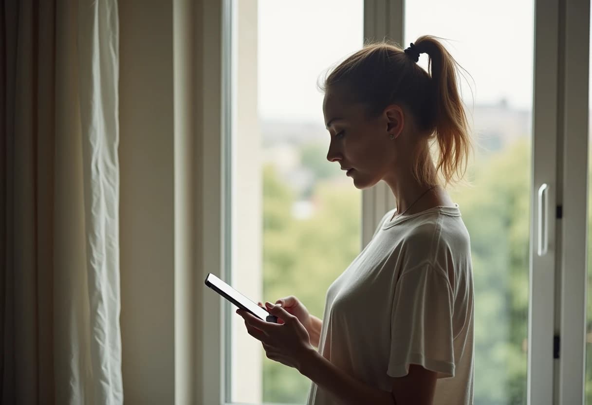 Woman looking out a window while holding her phone, deep in thought
