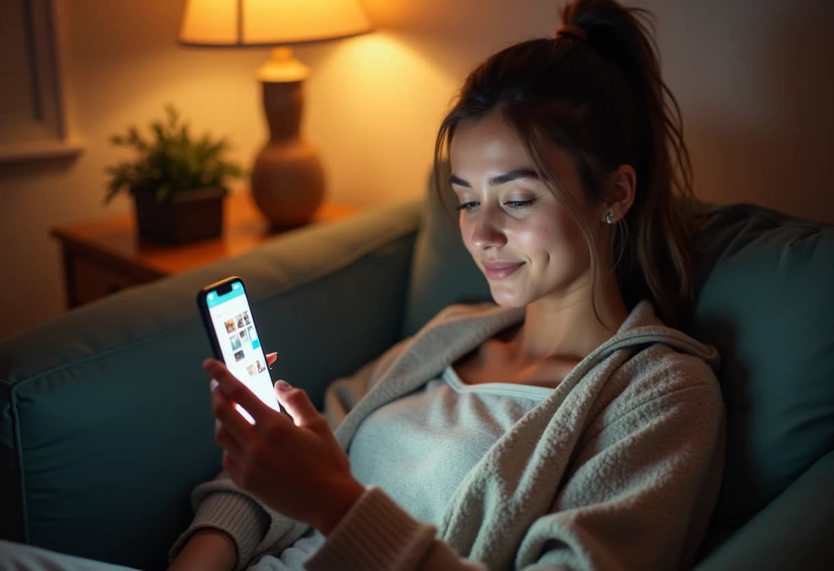 Woman browsing a photo gallery on her smartphone while relaxing at home Woman browsing a photo gallery on her smartphone while relaxing at home