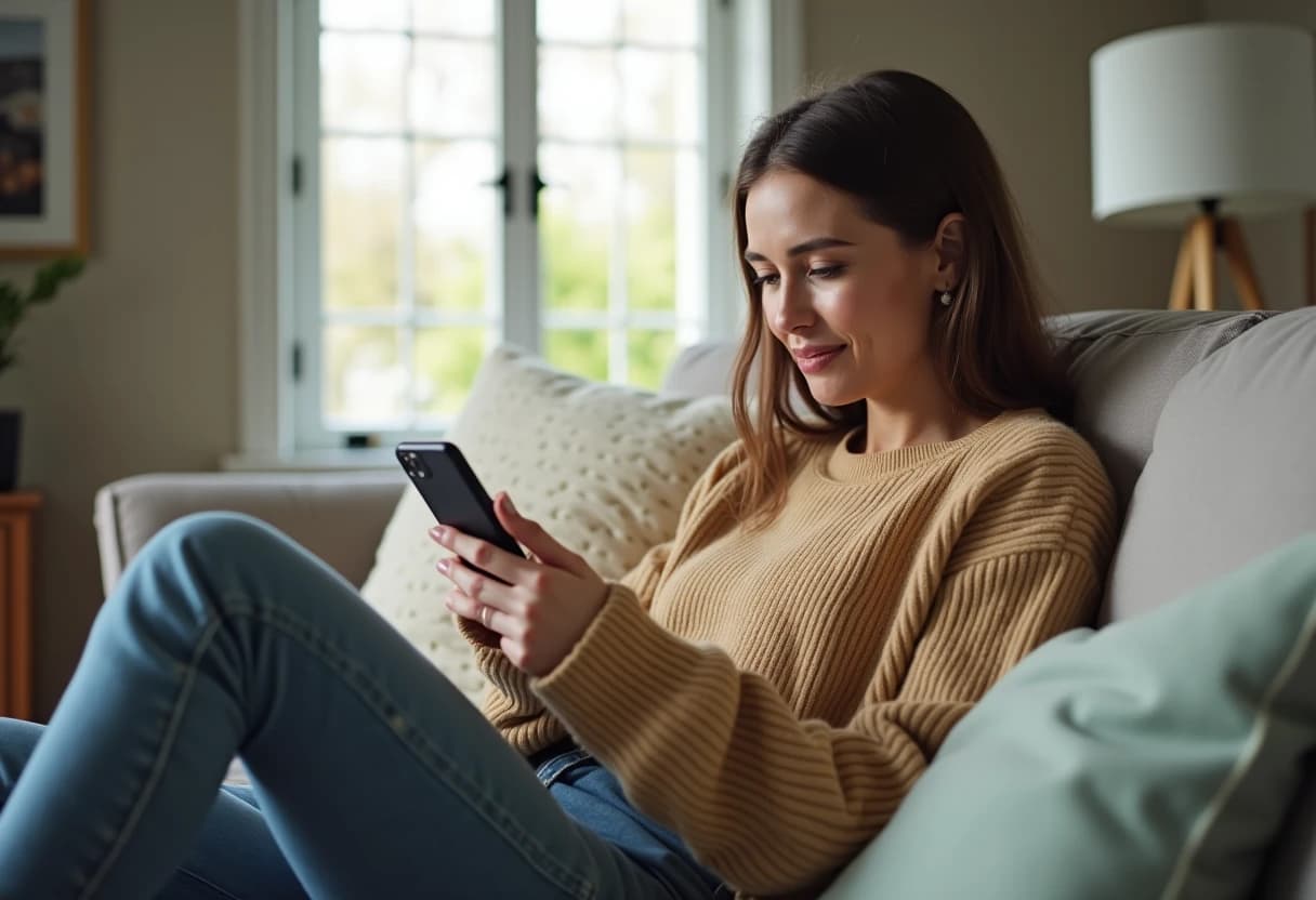Woman sitting on a sofa looking thoughtfully at a chat conversation on her smartphone