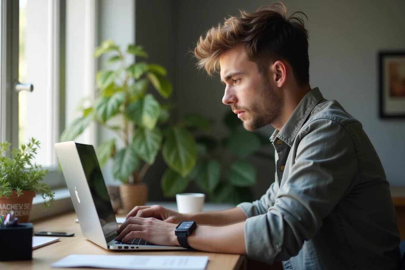 Man working intently on a laptop at a home office desk Man working intently on a laptop at a home office desk