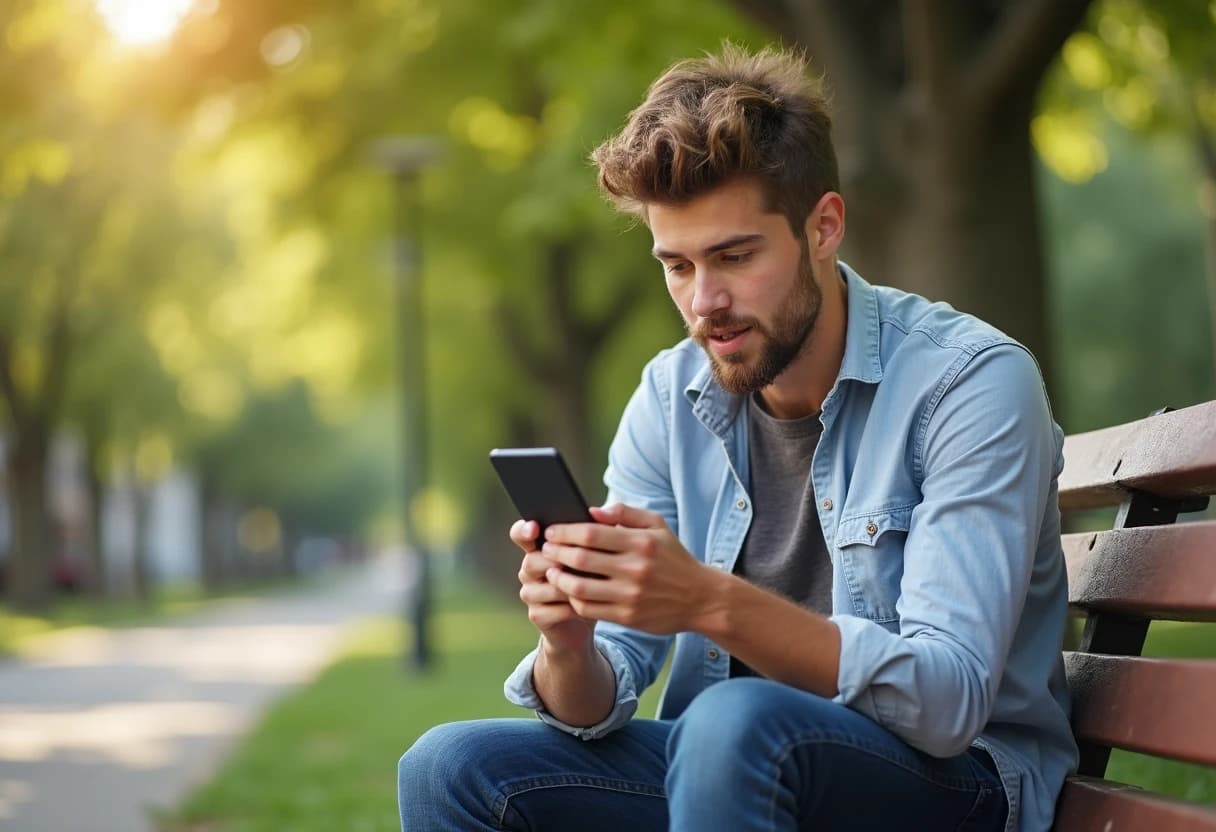 Man sitting outdoors on a bench watching a video on his smartphone Man sitting outdoors on a bench watching a video on his smartphone