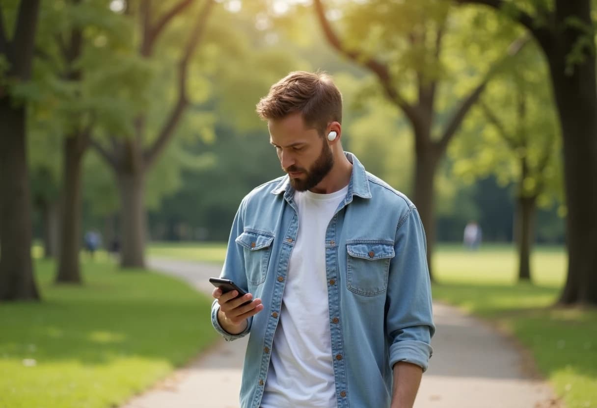 Man walking outdoors wearing wireless earbuds while looking at his smartphone Man walking outdoors wearing wireless earbuds while looking at his smartphone