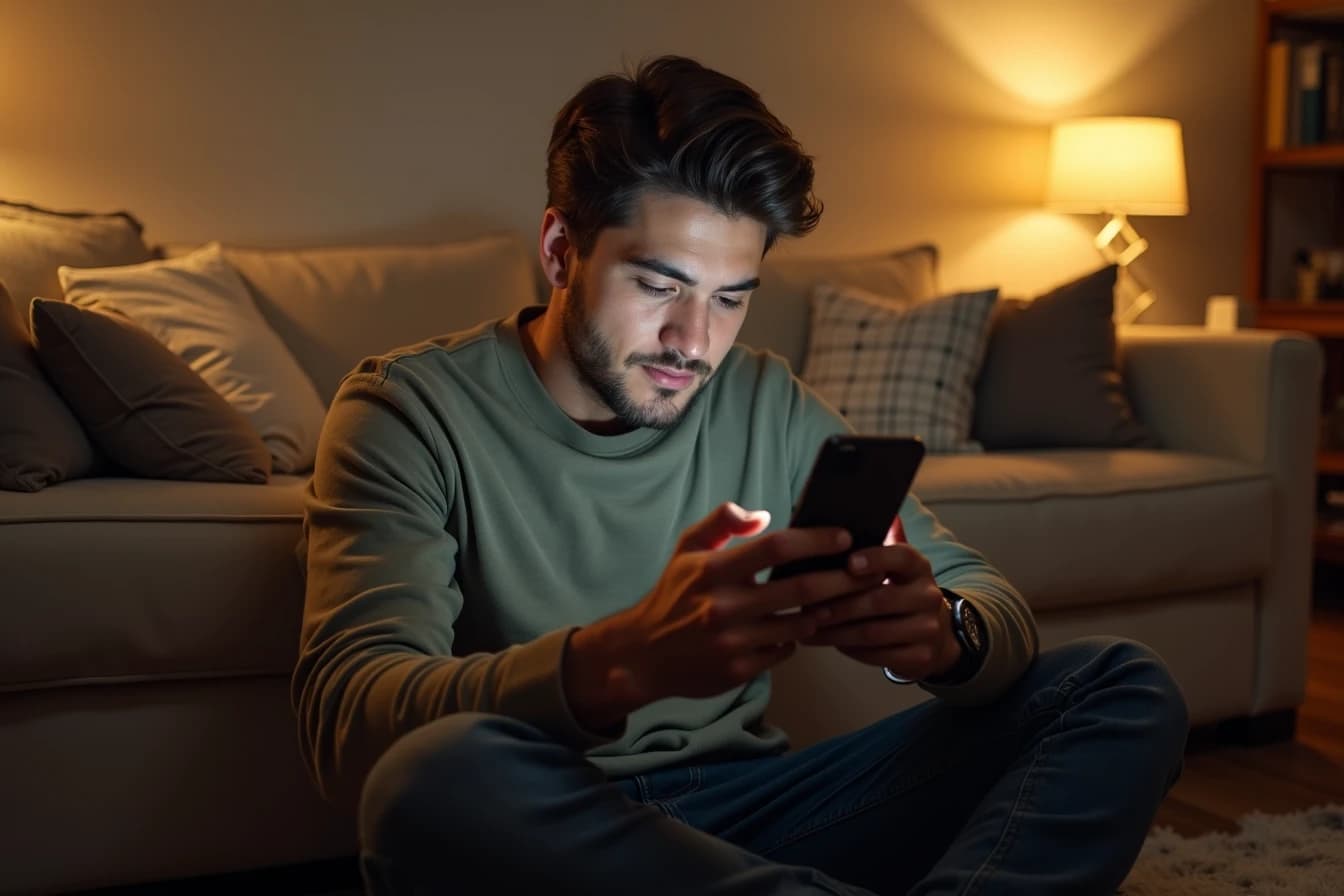 Man sitting on the floor leaning against a couch in a softly lit apartment, looking at his phone Man sitting on the floor leaning against a couch in a softly lit apartment, looking at his phone