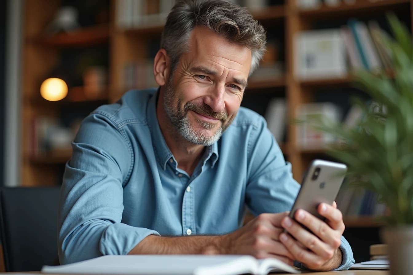 Man sitting at a desk with a slightly amused, thoughtful expression looking at his smartphone Man sitting at a desk with a slightly amused, thoughtful expression looking at his smartphone