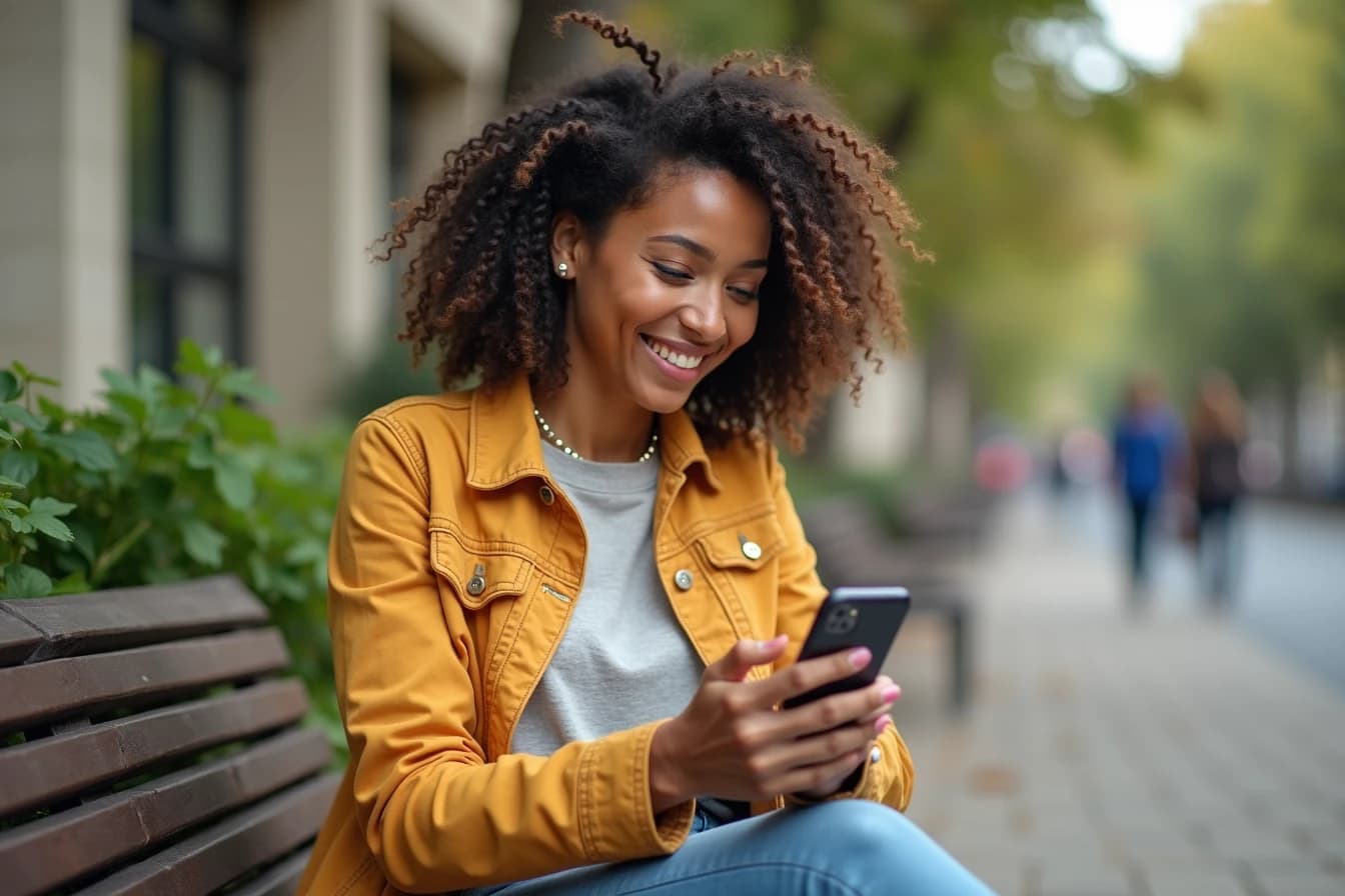 Young woman in colorful streetwear sitting outdoors smiling at her smartphone Young woman in colorful streetwear sitting outdoors smiling at her smartphone