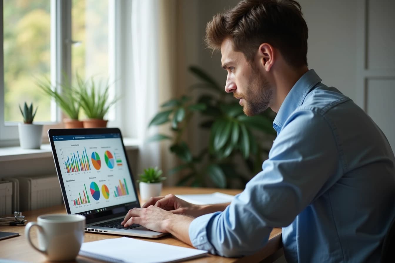 Man at a home office desk with a laptop open showing colorful bar charts and graphs Man at a home office desk with a laptop open showing colorful bar charts and graphs