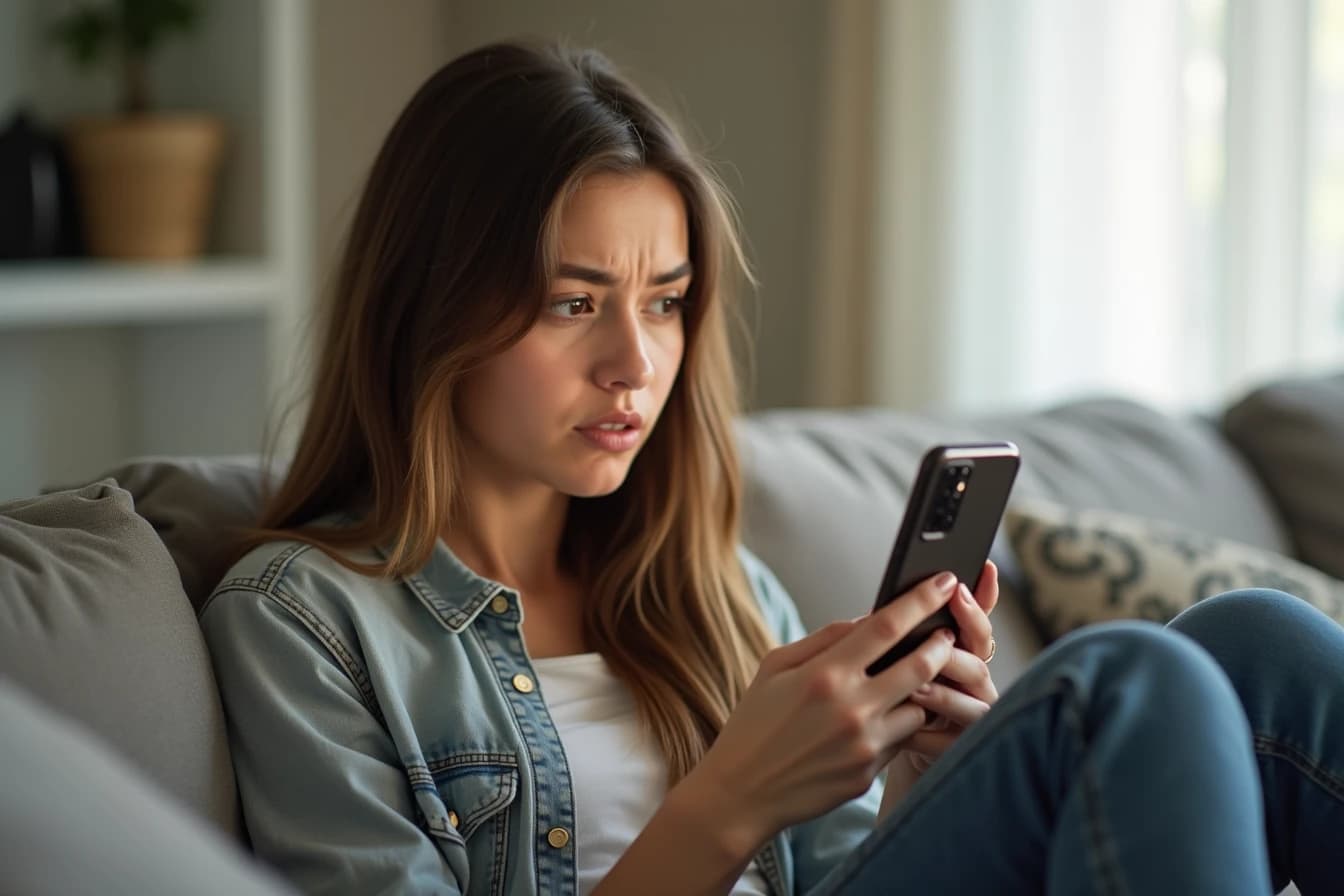 Woman sitting on a couch looking at her smartphone home screen with a confused searching expression Woman sitting on a couch looking at her smartphone home screen with a confused searching expression