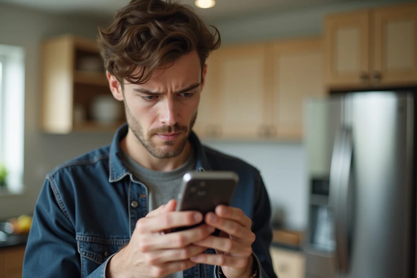 Man in a kitchen scrolling through app store search results on his smartphone with a puzzled expression Man in a kitchen scrolling through app store search results on his smartphone with a puzzled expression