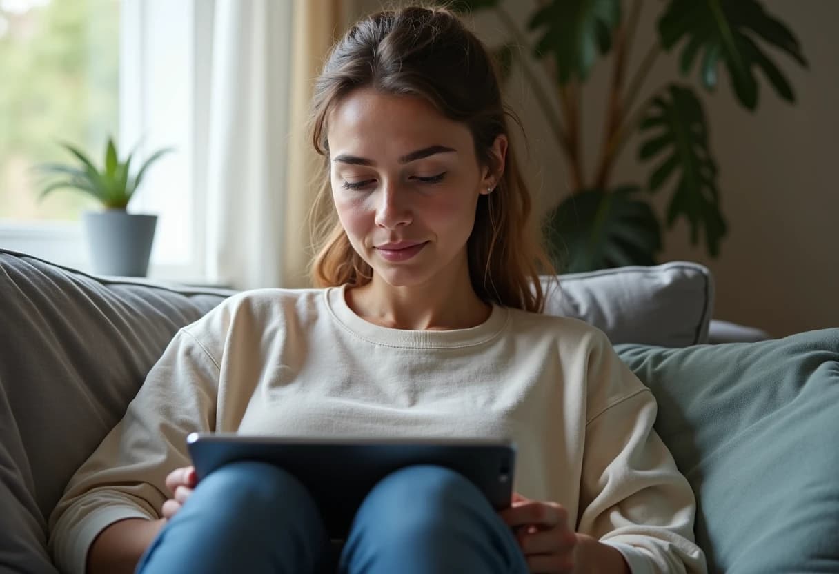 Person sitting on a couch holding a tablet with an attentive, engaged expression Person sitting on a couch holding a tablet with an attentive, engaged expression