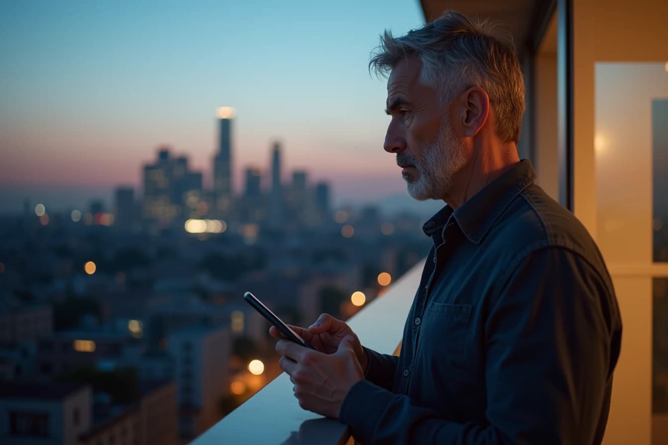 Man standing on an apartment balcony at dusk holding a smartphone with a thoughtful gaze Man standing on an apartment balcony at dusk holding a smartphone with a thoughtful gaze