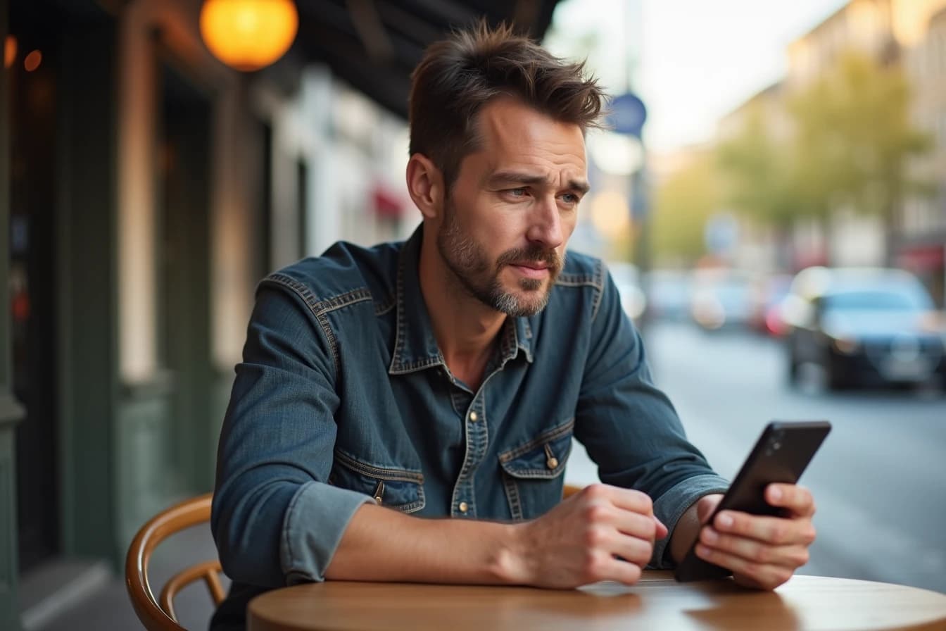 Man at an outdoor cafe table looking at his smartphone with a curious expression Man at an outdoor cafe table looking at his smartphone with a curious expression