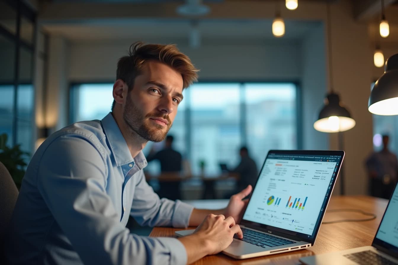 Man in business casual attire at a modern desk reviewing a laptop screen with subscription-style charts Man in business casual attire at a modern desk reviewing a laptop screen with subscription-style charts