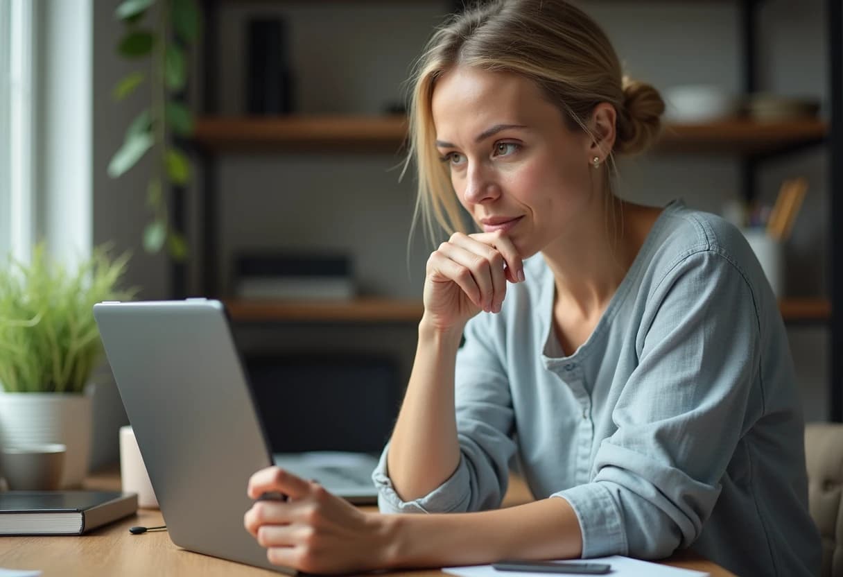 Woman at a home office desk looking thoughtfully at a tablet showing app design mockups Woman at a home office desk looking thoughtfully at a tablet showing app design mockups