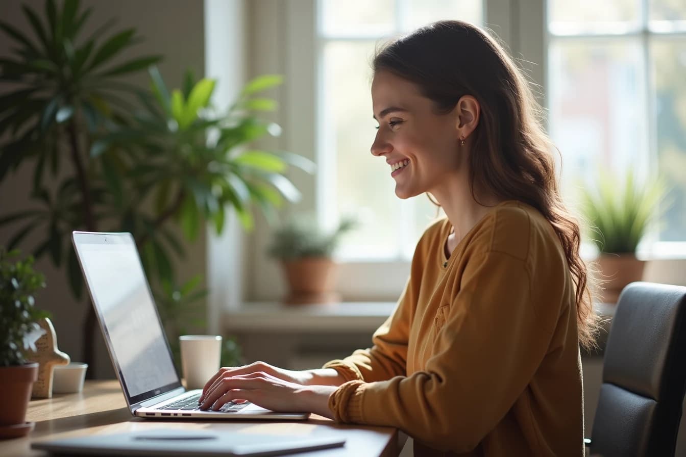 Woman typing on a laptop at a home office desk with a warm smile Woman typing on a laptop at a home office desk with a warm smile