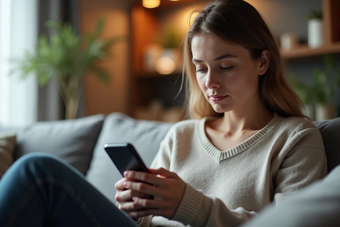 Woman sitting on a couch reading app reviews on her smartphone before downloading Woman sitting on a couch reading app reviews on her smartphone before downloading