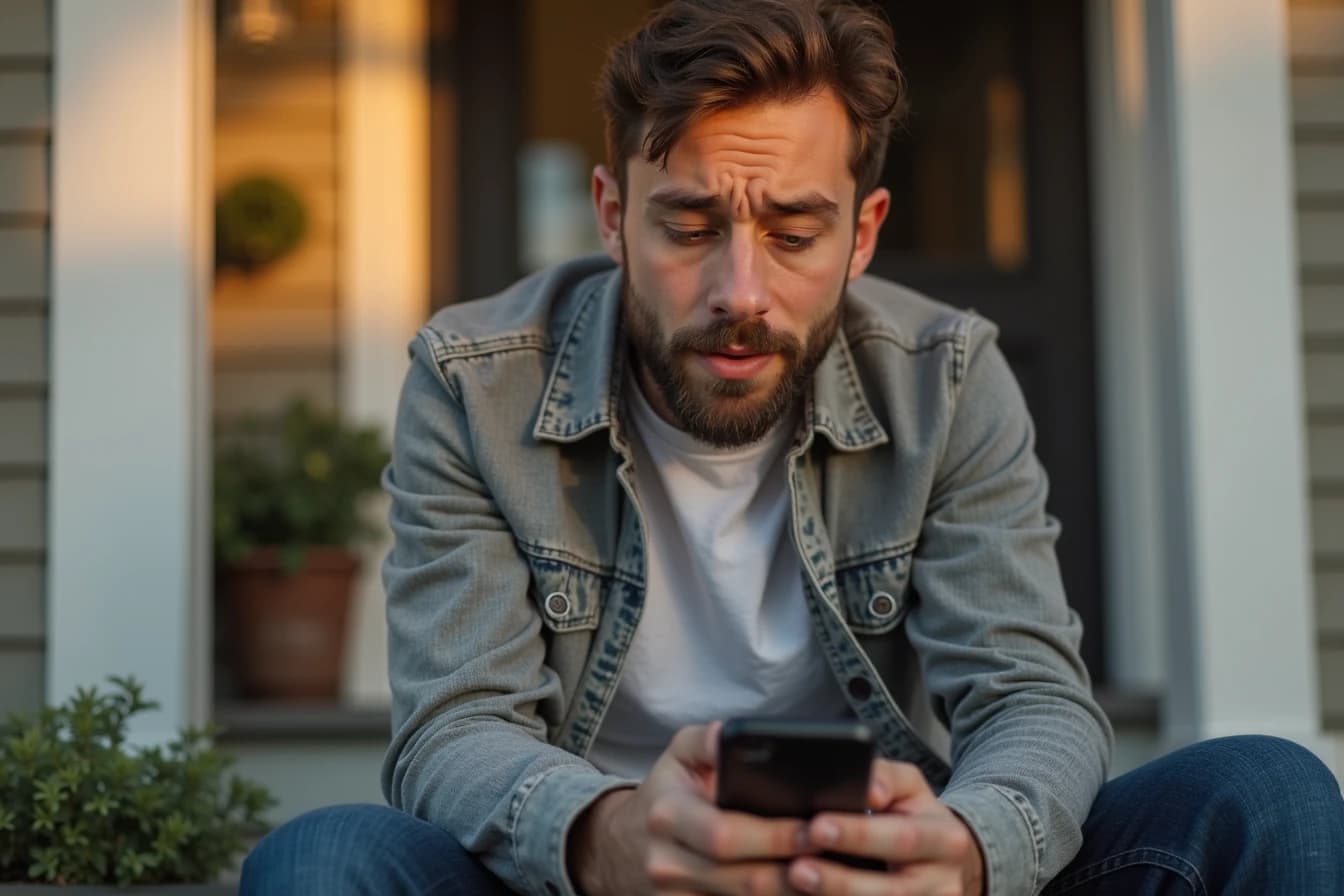 Man sitting on a porch step checking a smartphone app store ranking list Man sitting on a porch step checking a smartphone app store ranking list