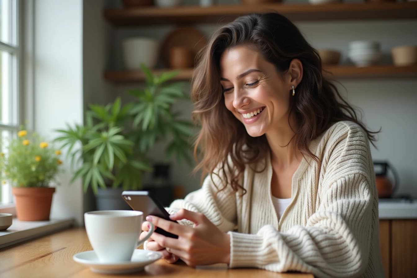 Person smiling gently at a phone while having morning coffee at a kitchen table Person smiling gently at a phone while having morning coffee at a kitchen table