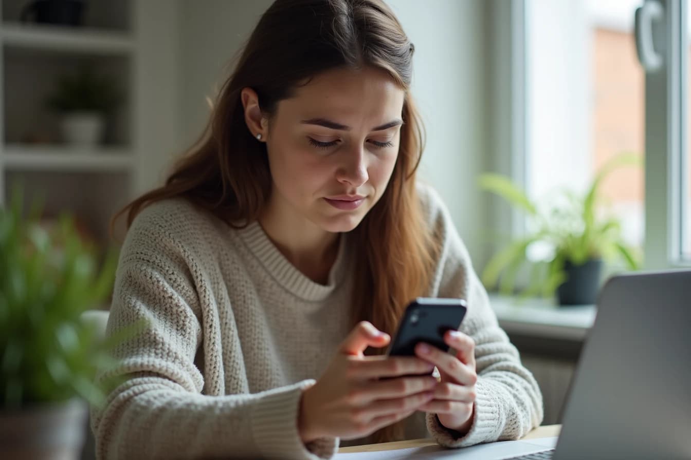Woman sitting at a home desk scrolling on her smartphone with a slightly disappointed expression