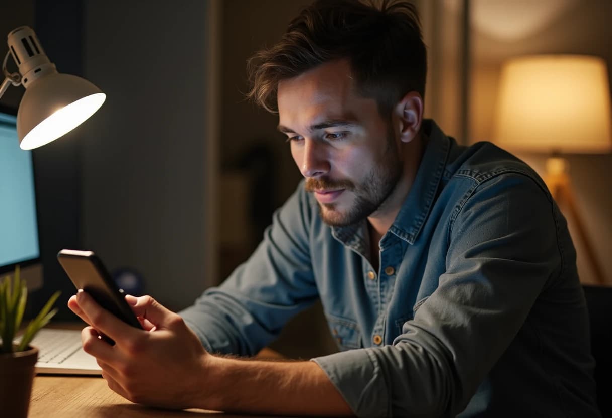 Man at a home office desk looking carefully at his smartphone screen with a scrutinizing expression Man at a home office desk looking carefully at his smartphone screen with a scrutinizing expression