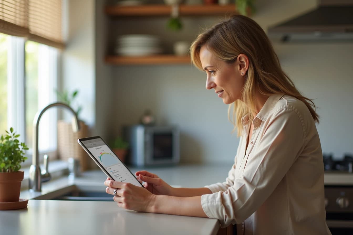 Woman at a kitchen counter reviewing parental control settings on a tablet Woman at a kitchen counter reviewing parental control settings on a tablet