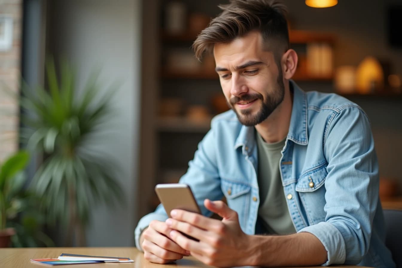 Man sitting at a table holding a credit card and a smartphone, checking a subscription Man sitting at a table holding a credit card and a smartphone, checking a subscription
