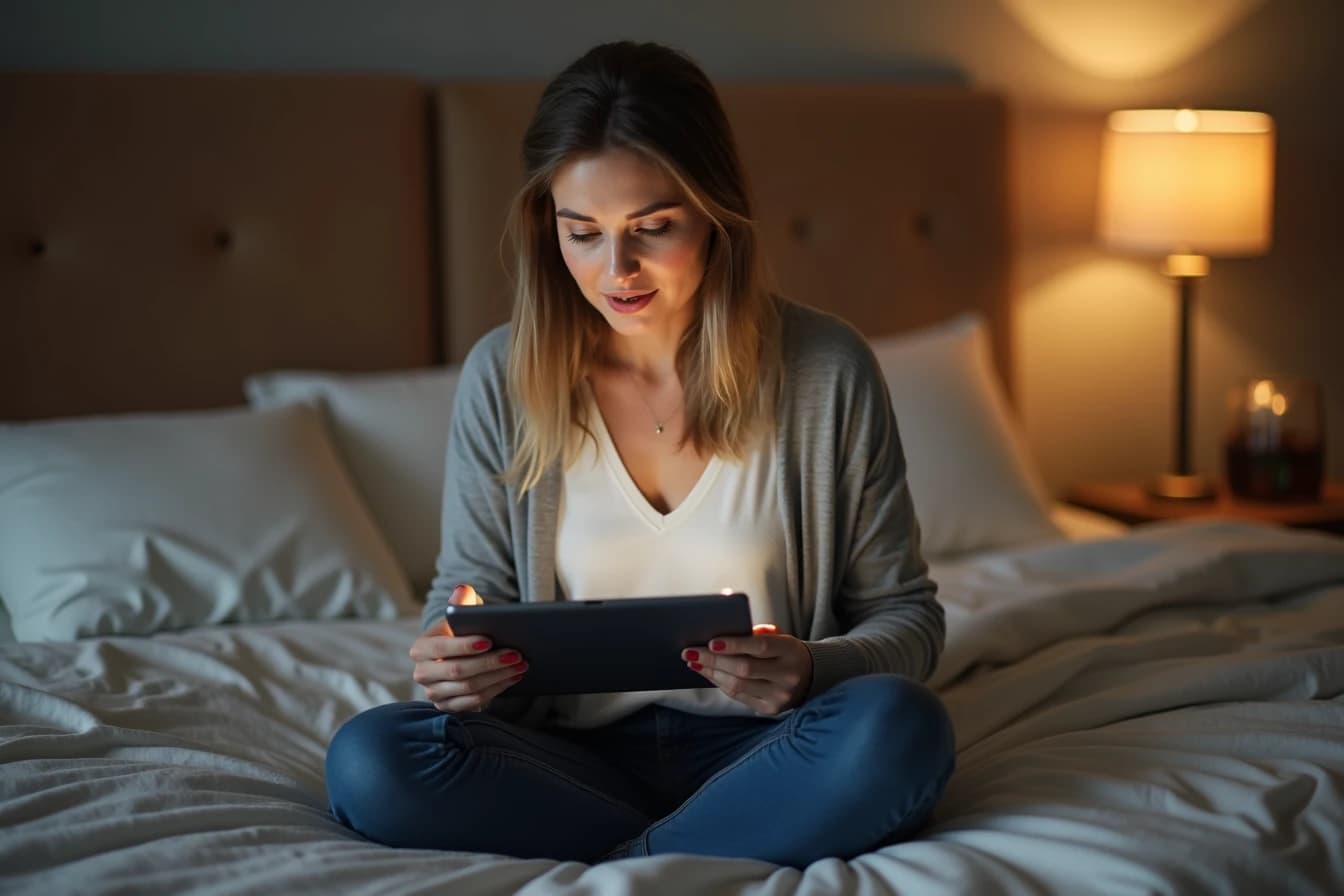 Woman scrolling through a character selection screen on a tablet Woman scrolling through a character selection screen on a tablet