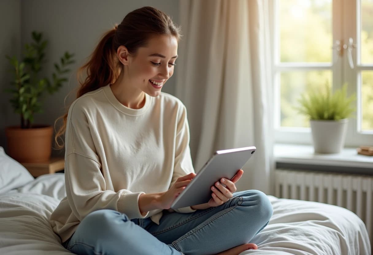 Woman sitting on a bed with a tablet thoughtfully choosing personality settings for her AI companion Woman sitting on a bed with a tablet thoughtfully choosing personality settings for her AI companion