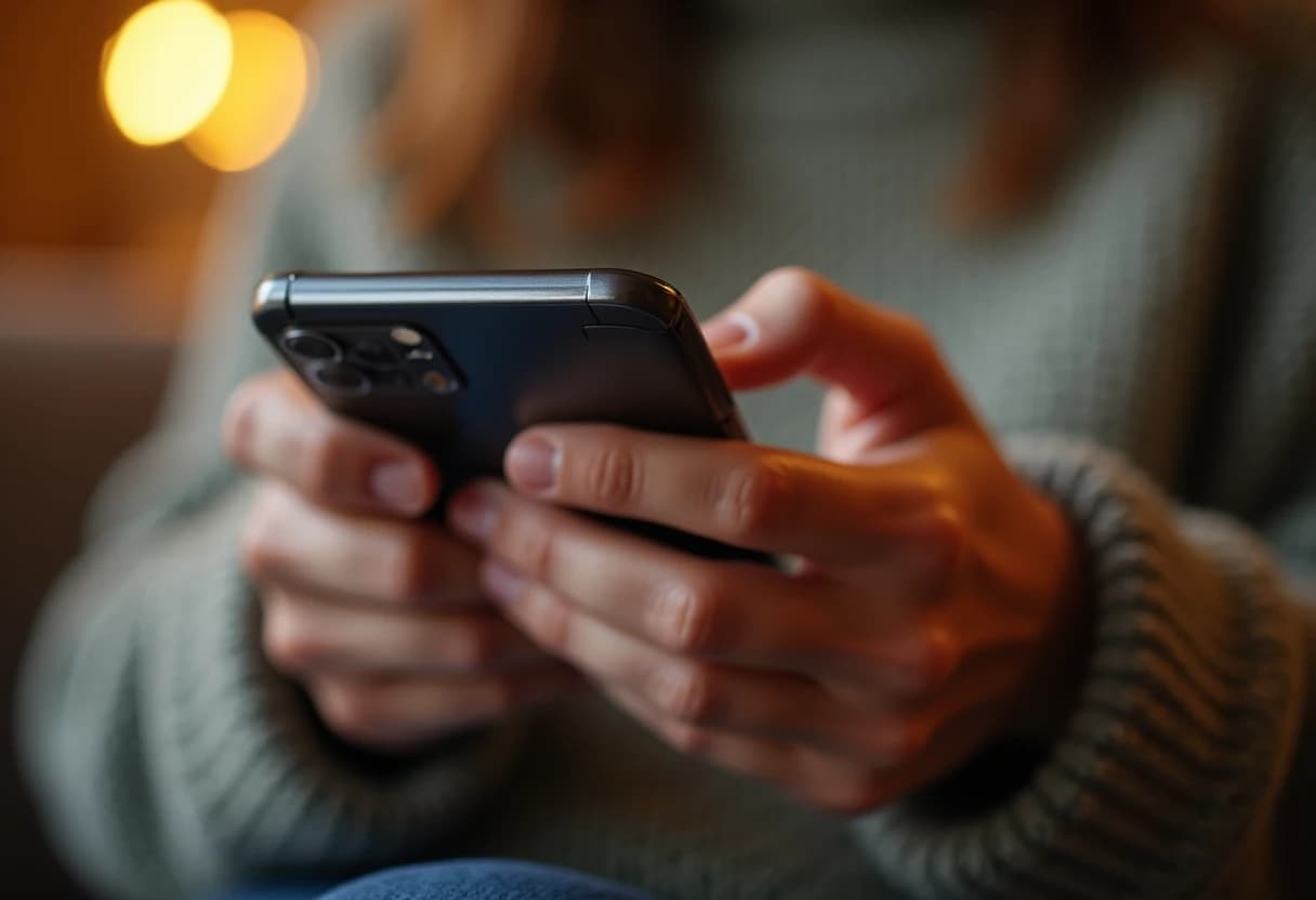 Close-up of an adult's hands holding a smartphone with a thoughtful, calm mood Close-up of an adult's hands holding a smartphone with a thoughtful, calm mood