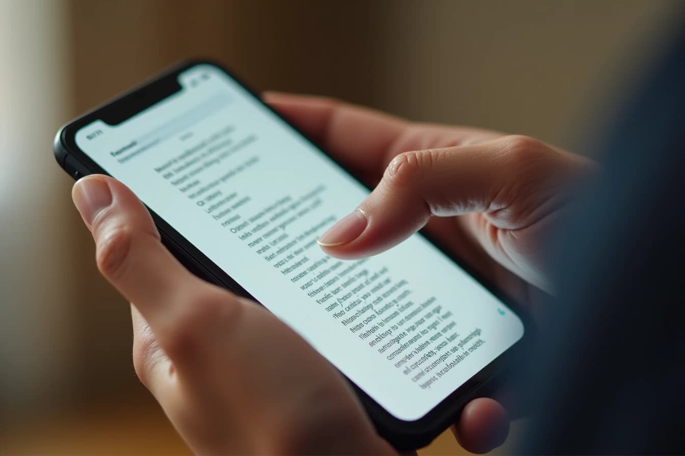 Close-up of hands scrolling through a long block of text on a smartphone screen Close-up of hands scrolling through a long block of text on a smartphone screen