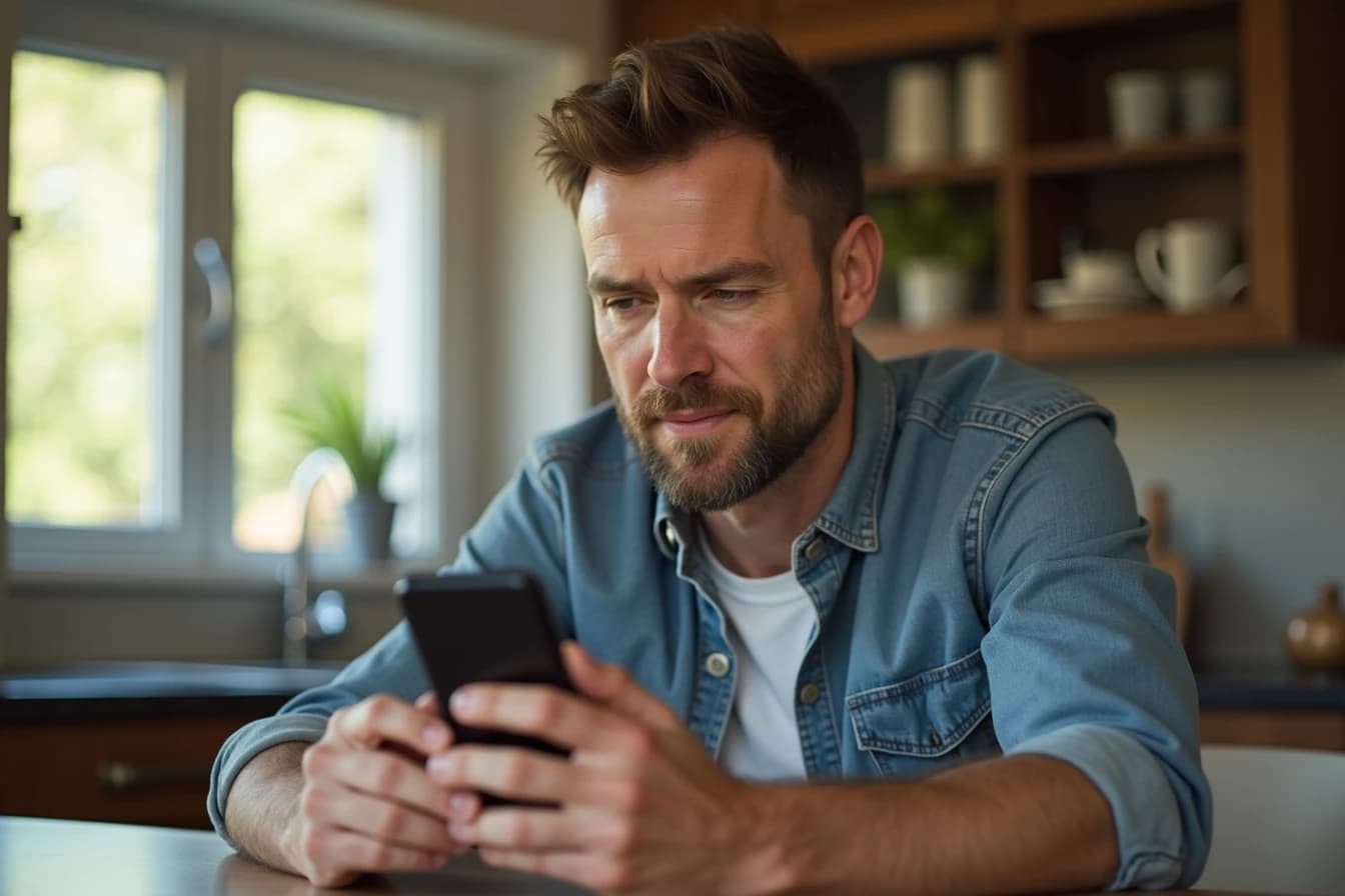 Man sitting at a kitchen table turning off notifications on his smartphone with a calm expression Man sitting at a kitchen table turning off notifications on his smartphone with a calm expression