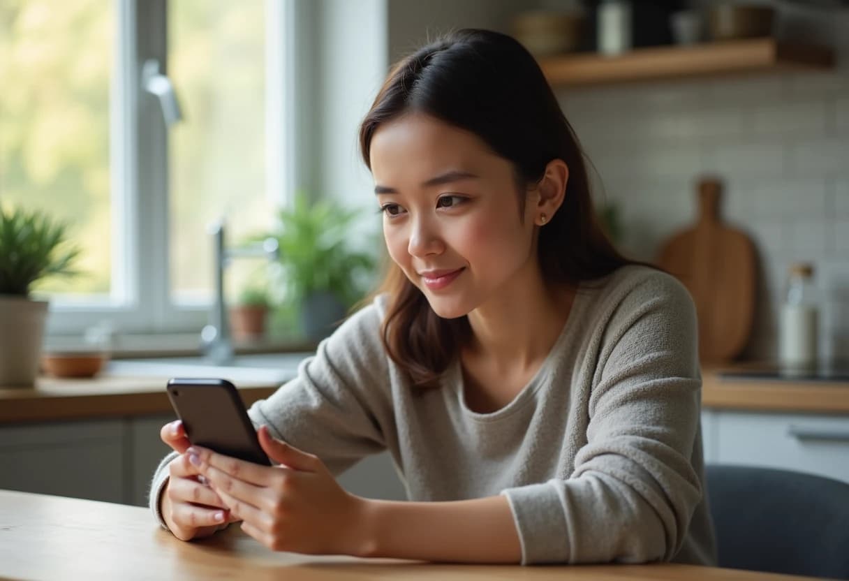 Woman at a kitchen table looking thoughtfully at her smartphone Woman at a kitchen table looking thoughtfully at her smartphone