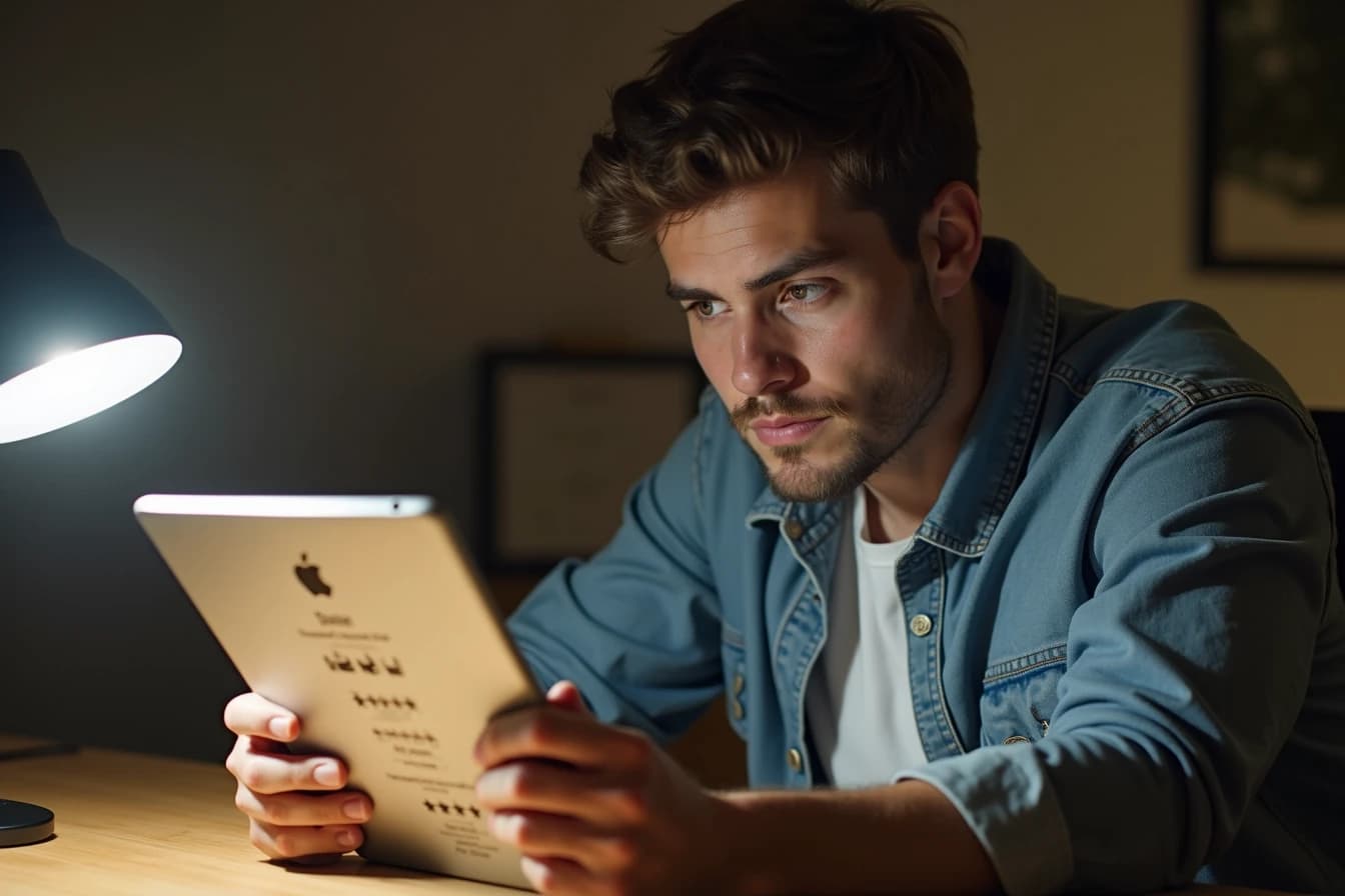 Man at a home desk looking at a tablet showing an interface with several rating bars Man at a home desk looking at a tablet showing an interface with several rating bars