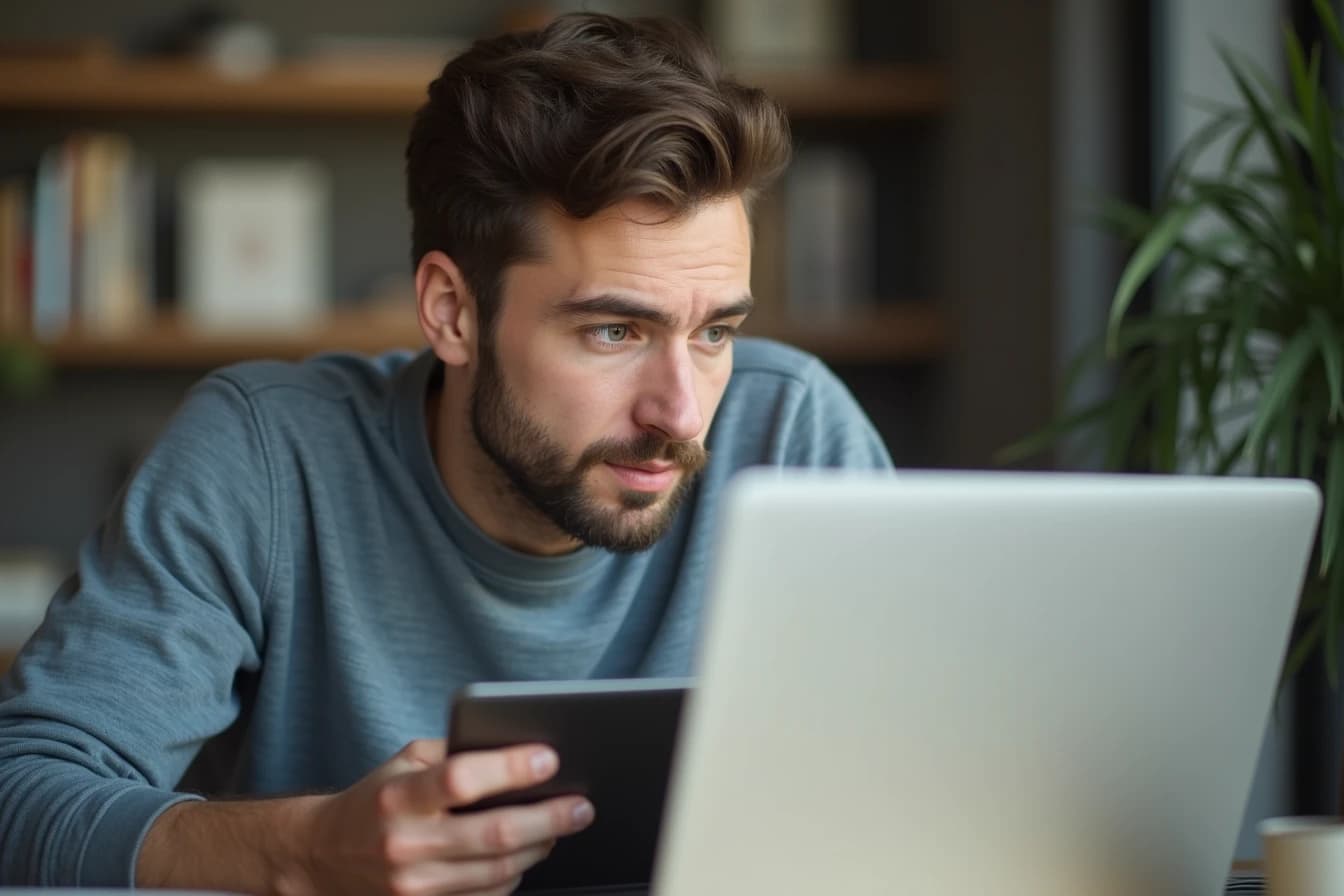 Man at a desk with both a laptop and a tablet open, glancing between the two screens