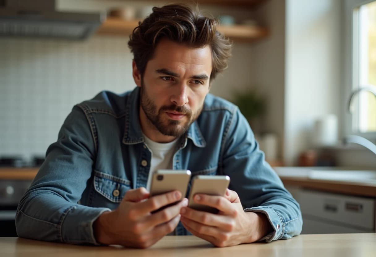 Person holding two smartphones comparing AI girlfriend chat app screens side by side Person holding two smartphones comparing AI girlfriend chat app screens side by side