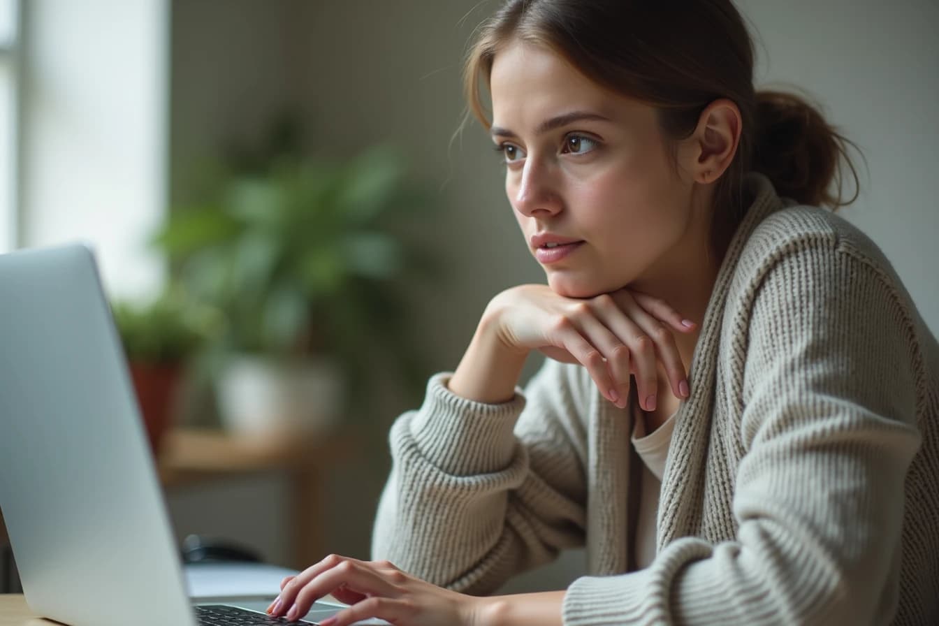 Woman at a home office desk looking thoughtfully at a laptop screen comparing plans Woman at a home office desk looking thoughtfully at a laptop screen comparing plans