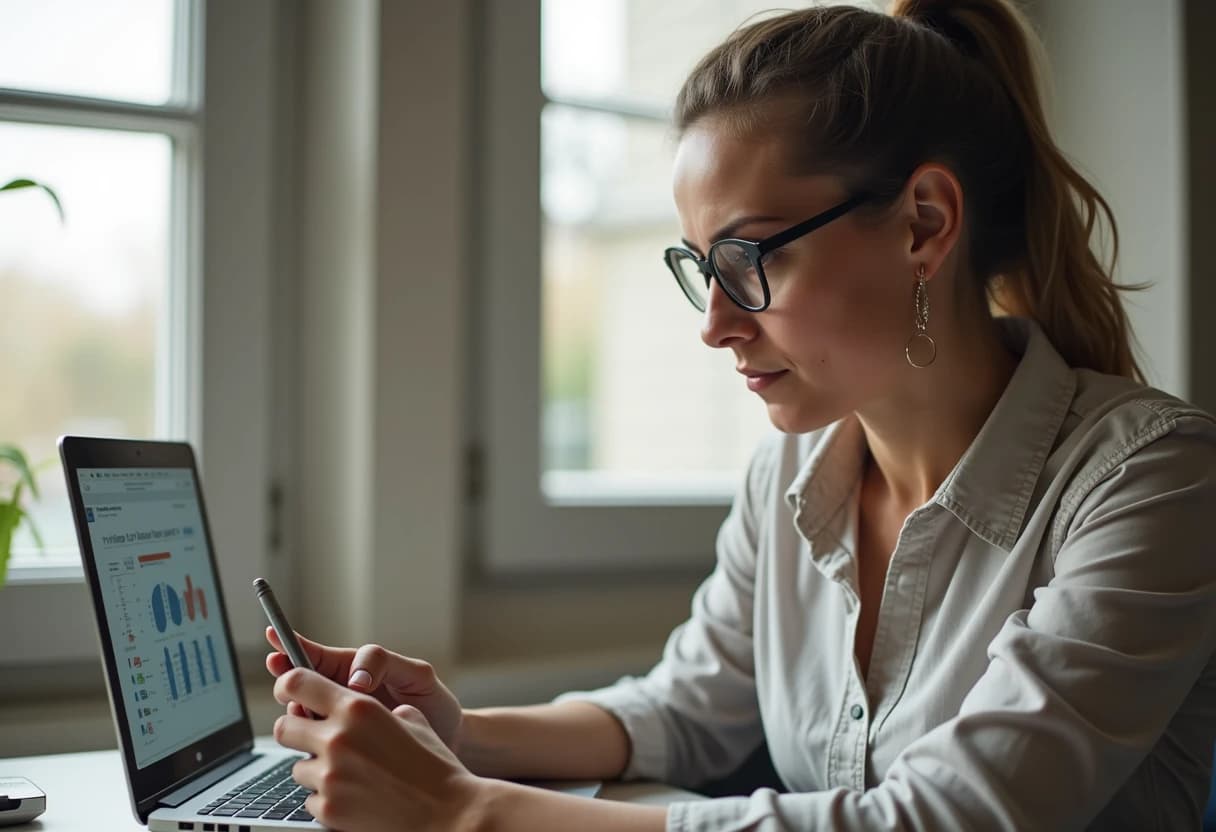 Woman at a home desk comparing information on a tablet with a focused, analytical expression