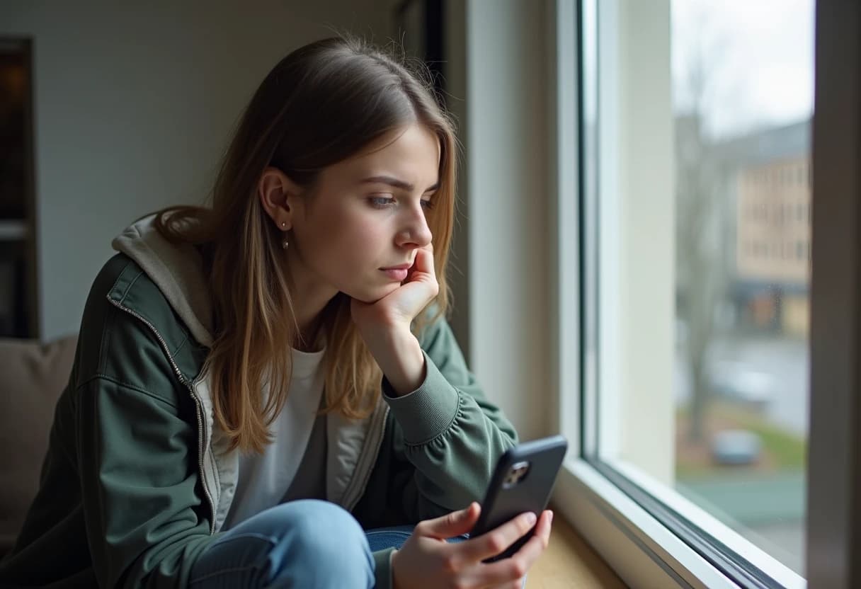 Person sitting by a window holding a smartphone with a pensive, reflective expression Person sitting by a window holding a smartphone with a pensive, reflective expression